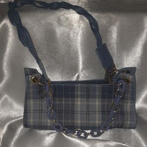 Blue Plaid Shoulder Bag with Chain Strap
